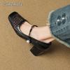 Fashion French Woven Hollowed Out Single Shoes Summer Breathable Square Toe High Heel Pumps PU Leather Mary Jane Shoes Zapatos De Mujer