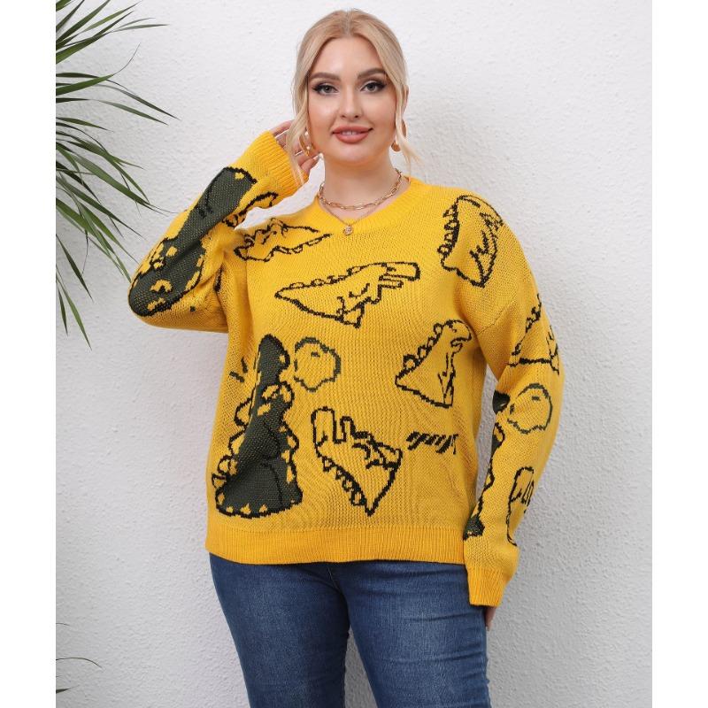 Plus Size Women S Thick Knit Dinosaur Print Pullover Sweater