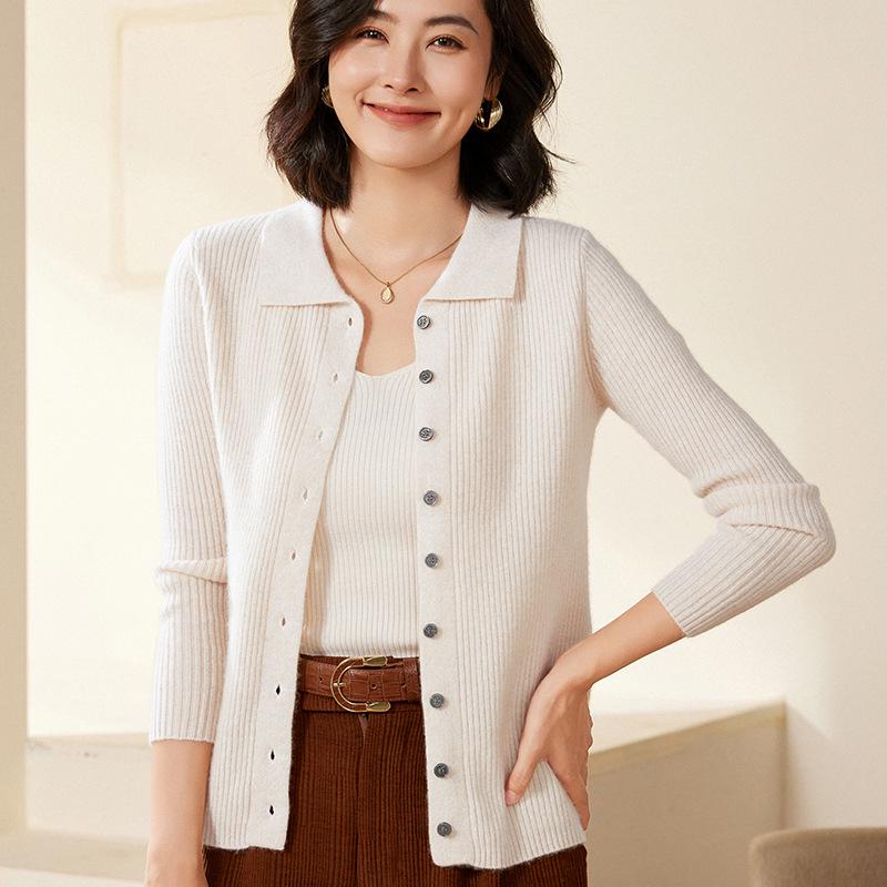 2024 Autumn/Winter Women's Wool Polo Collar Ribbed Loose Sweater