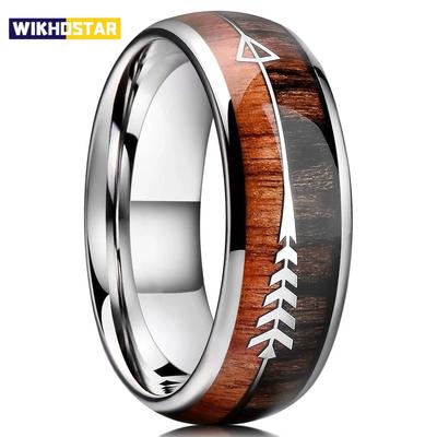Fashion 8mm Silver Color Stainless Steel Arrow Rings for Men Women Inlaid Hawaiian Koa Wood Rings Men Wedding Band Jewelry Gifts