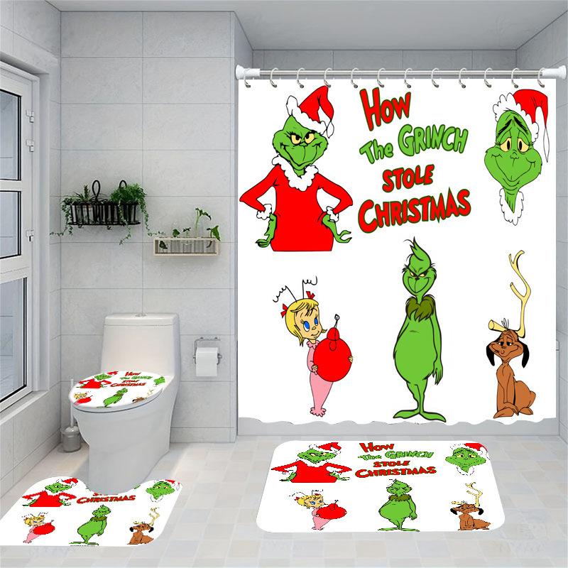 Christmas Series Shower Curtain Digital Printing Bathroom Shower Curtain Four-Piece Polyester Shower Curtain