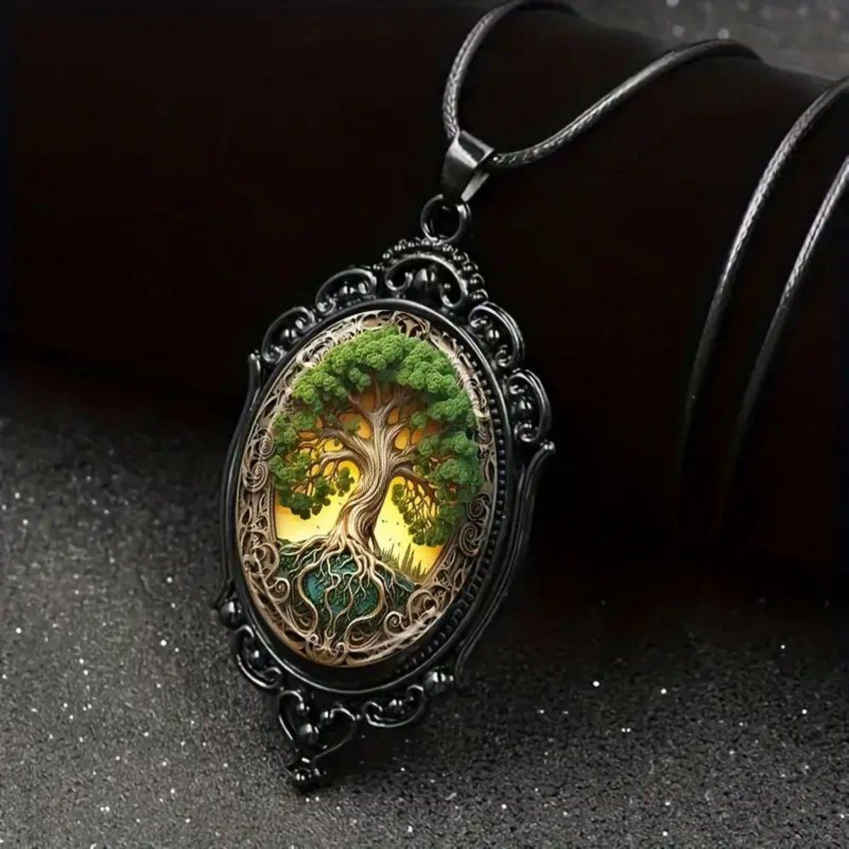 Halloween Retro Gothic Tree of Life Hip Hop Oval Pendant Necklace 60CM