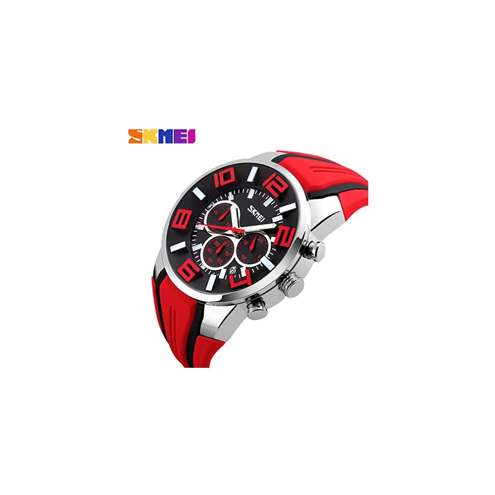 Men's Big Face Silicone Sports Watch Waterproof Chronograph Analog Date Red