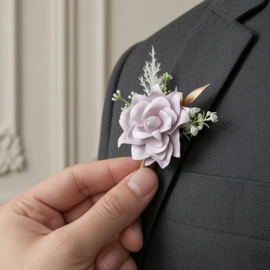 Men Simulated Rose Corsage Lightweight Compact Size Brooch Forest Style Suit Decoration with Green Leaves Vine Elements Prom Floral Accessory