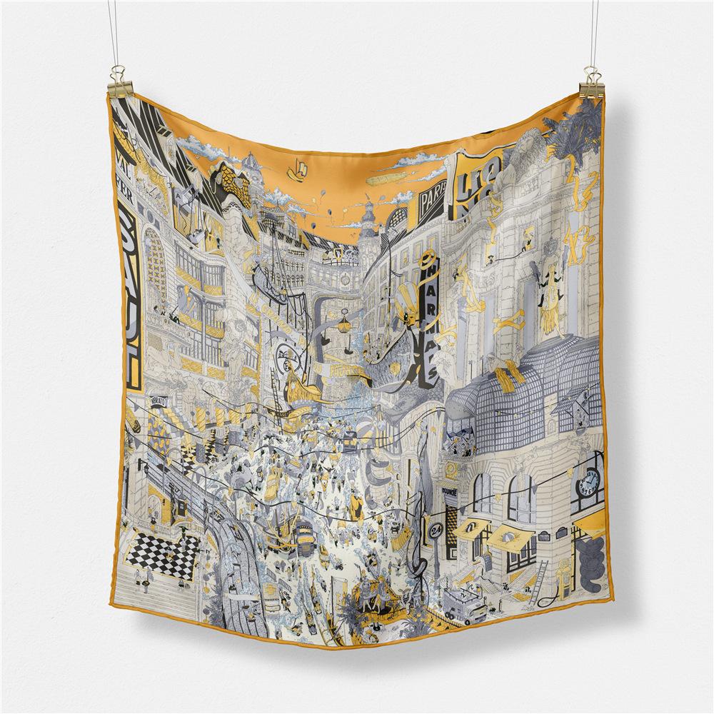 53CM Twill Silk Scarves Women Big City Print Square Scarves Wraps Bandana Small Hijab Foulards Ladies Tie Headband Neckerchief