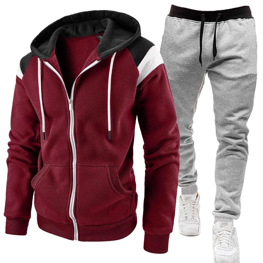 Men's Color Block Hooded Sweatshirt and Casual Sports Set