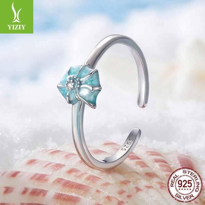 S925 Sterling Sølv Konkylie Åpen Justerbar Ring, Blå Sommer Bruksring Sjarm