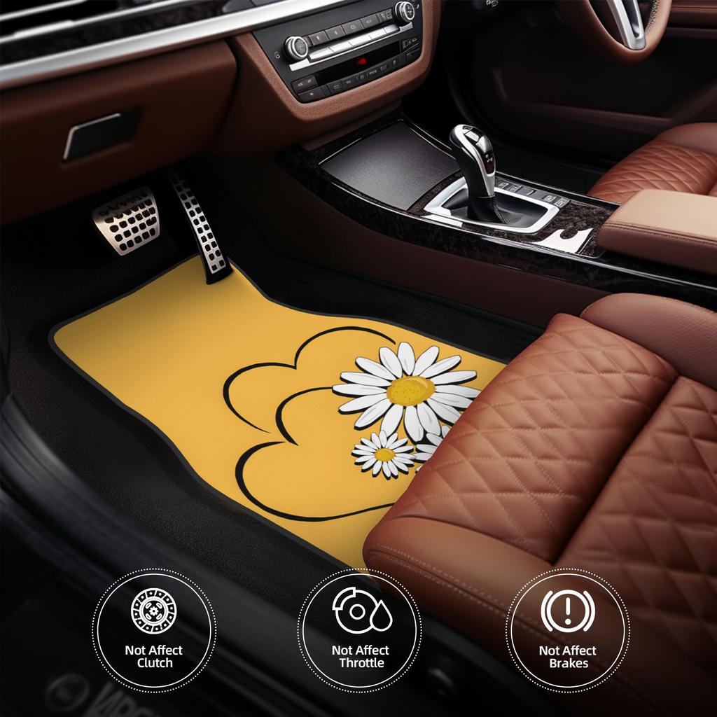 4pcs Yellow Background Heart & Daisies Printed Car Floor Mats Kit, Durable & Elegant, Front & Rear Full Coverage Auto Interior A