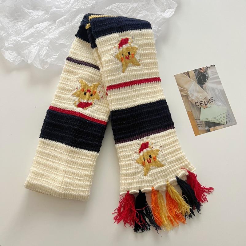 The Atmosphere Is Full! Hand Embroidered Snowman Knitted Scarf for Women's Christmas New Warm and Thickened Student Scarf Tassel
