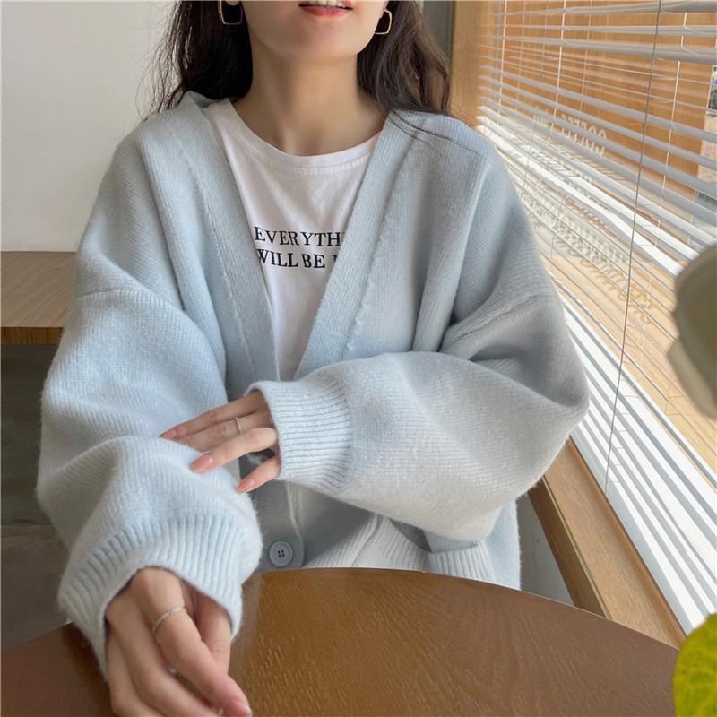 Lazy wind jacket women's autumn new v-neck solid color knitted cardigan women's loose large size sweater women's outer wear