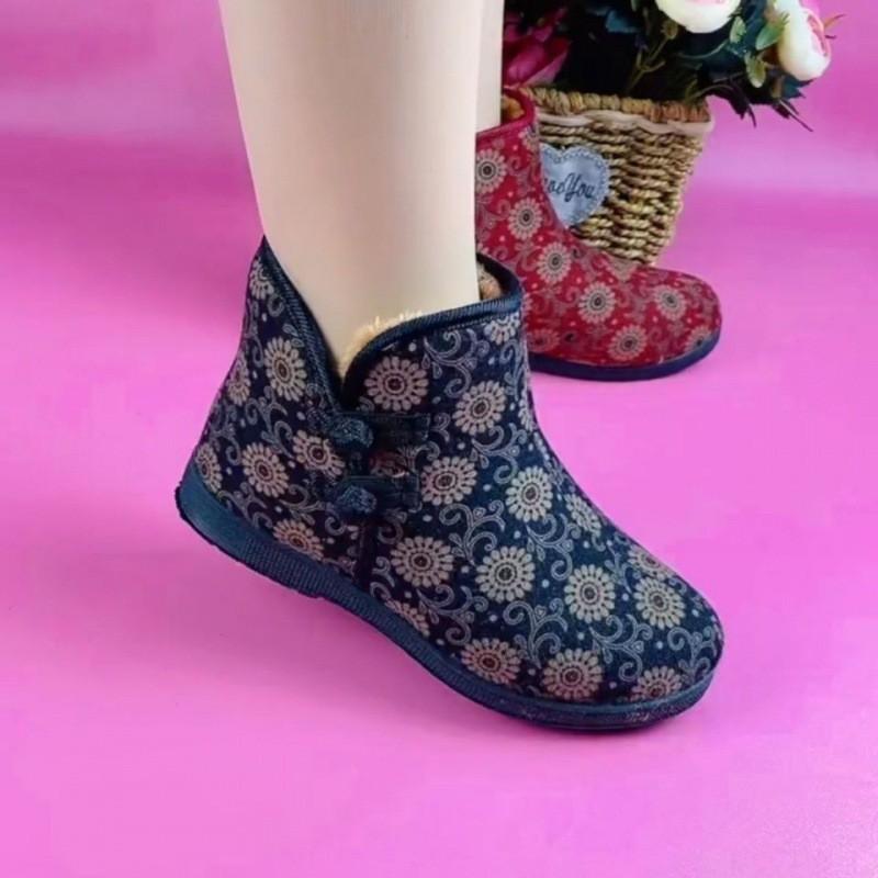 Womens Warm Winter Cotton Boots With Fleece Lining Soft Sole Non-Slip Slip-On Ankle Boot Elderly Mom