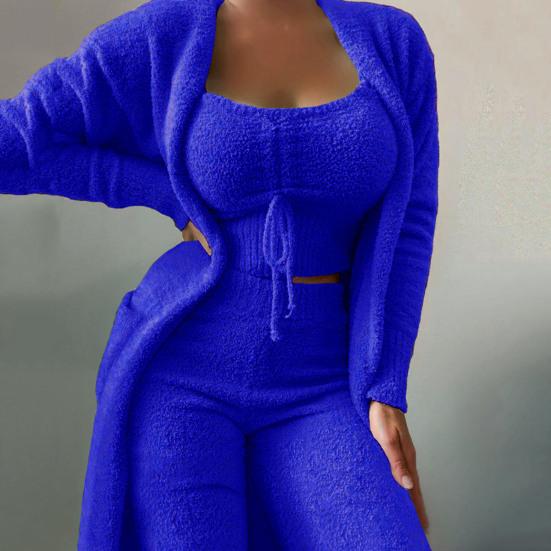 3-teiliges/Set Damen Pyjama Set Einfarbig Plüsch Kurze Oberteile Tiefer Ausschnitt Loungewear