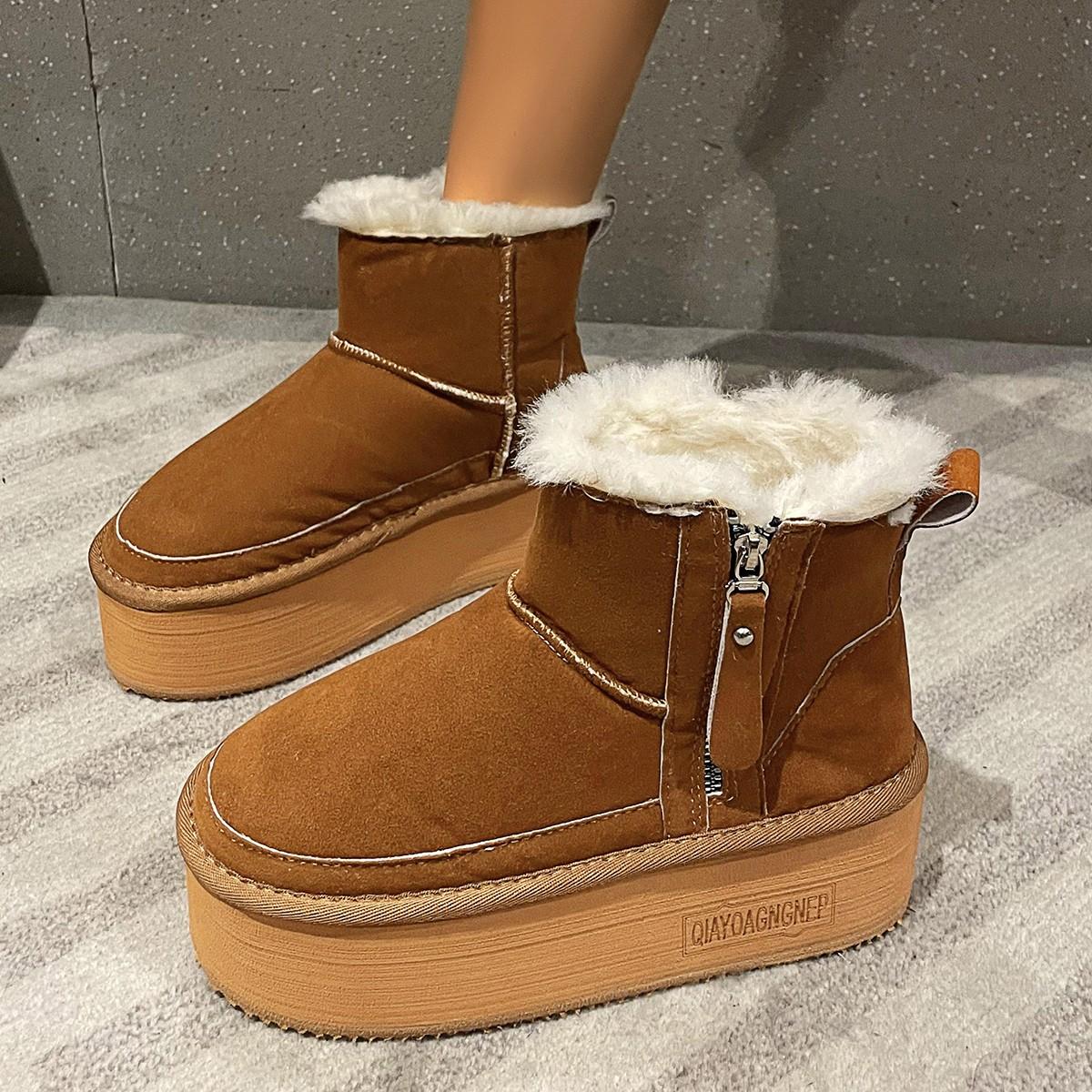 

2024 Новые однотонные туфли на толстой подошве, хит продаж, женские сапоги с рукавами, зимние плюшевые теплые короткие зимние сапоги с круглым носком 40 светло-коричневого