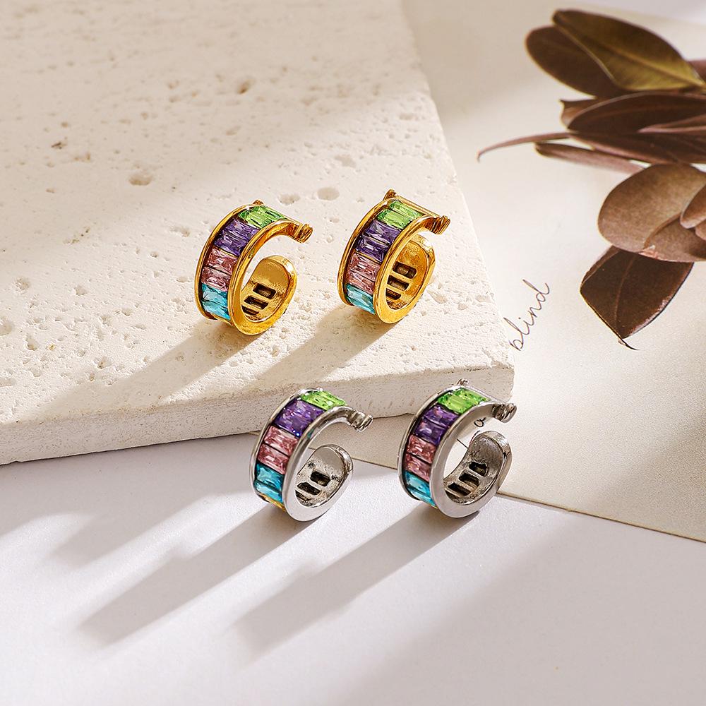 18K Gold Vacuum-Plated Stainless Steel Zirconia C-Shaped Stud Earrings - Waterproof Titanium Steel Ear Clips for Women.