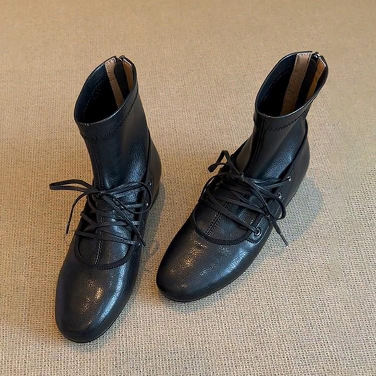 Blue Cabinet Edition~ Autumn and Winter Skinny Lace-Up Mary Jane Short Boots Women's Niche Retro Flat Bottom Back Zipper Elastic Skinny Boots