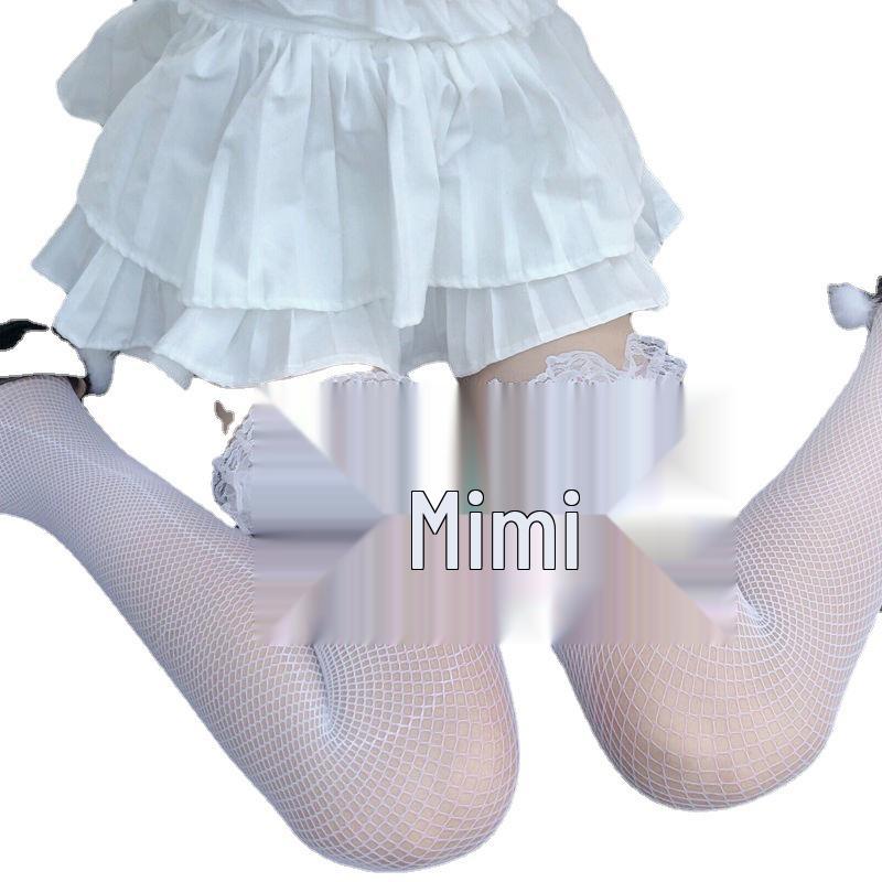 Mu Ruan Black Silk Lace Suspender Fishnet Thigh High Stockings - Sexy Japanese JK Style with Cross Strap