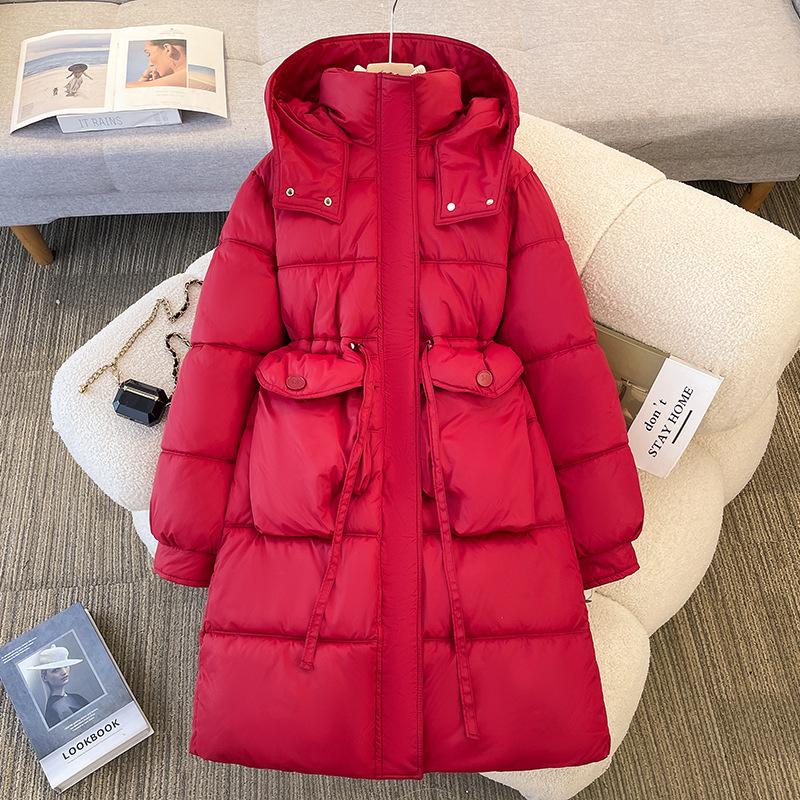 Daunenjacke Damen Winter Neuer Stil Lang Knielang Baumwolljacke mit Taille und Verdickte Baumwolljacke