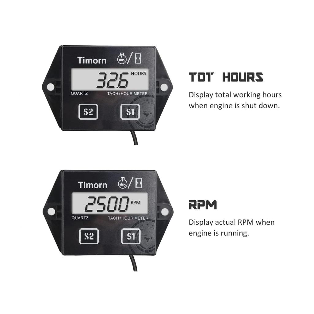 Tachometer For Small Engine,Inductive Hour Meter For 2 Stroke & 4 Stroke Small Engine, Timorn Replaceable Battery Waterproof Tachometer For Chaaw