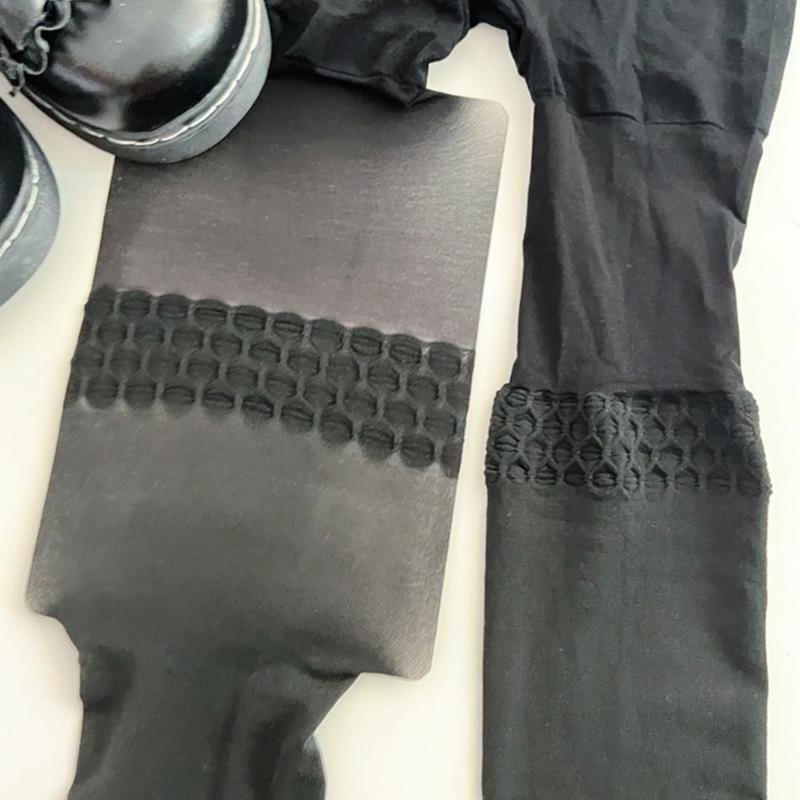 Women Faux Thigh High Socks Pantyhose Japanese Jacquard Patchwork Sheer Thin Stockings Mock Suspender Tights Hosiery