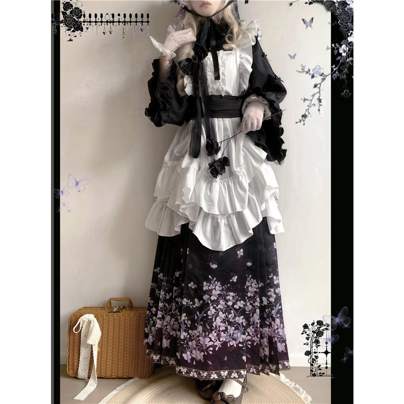 Women's Gothic Lolita Hanfu Set, Original Dark Style Big Sleeve Ma Mian Skirt Outfit