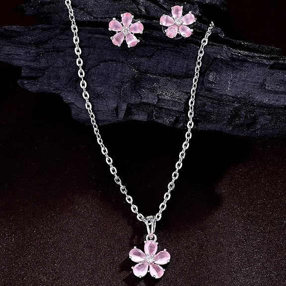 Rhodium Plated Silver Toned American Diamond Studded Floral Shaped Pendant Chain With Earrings Jewellery Set For Women And Girls