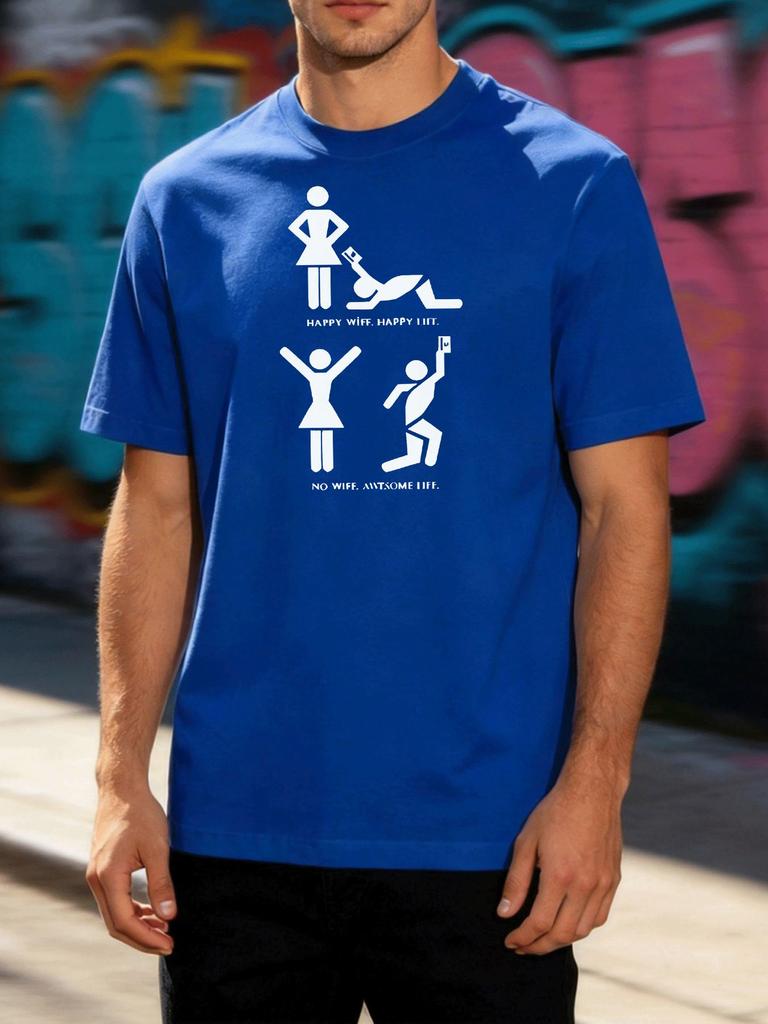Male Cotton Crew Neck Tee Funny Happy Wife No Wife Stick Figure Graphic Short Sleeve Summer Daily Streetwear Basic Top For Unisex