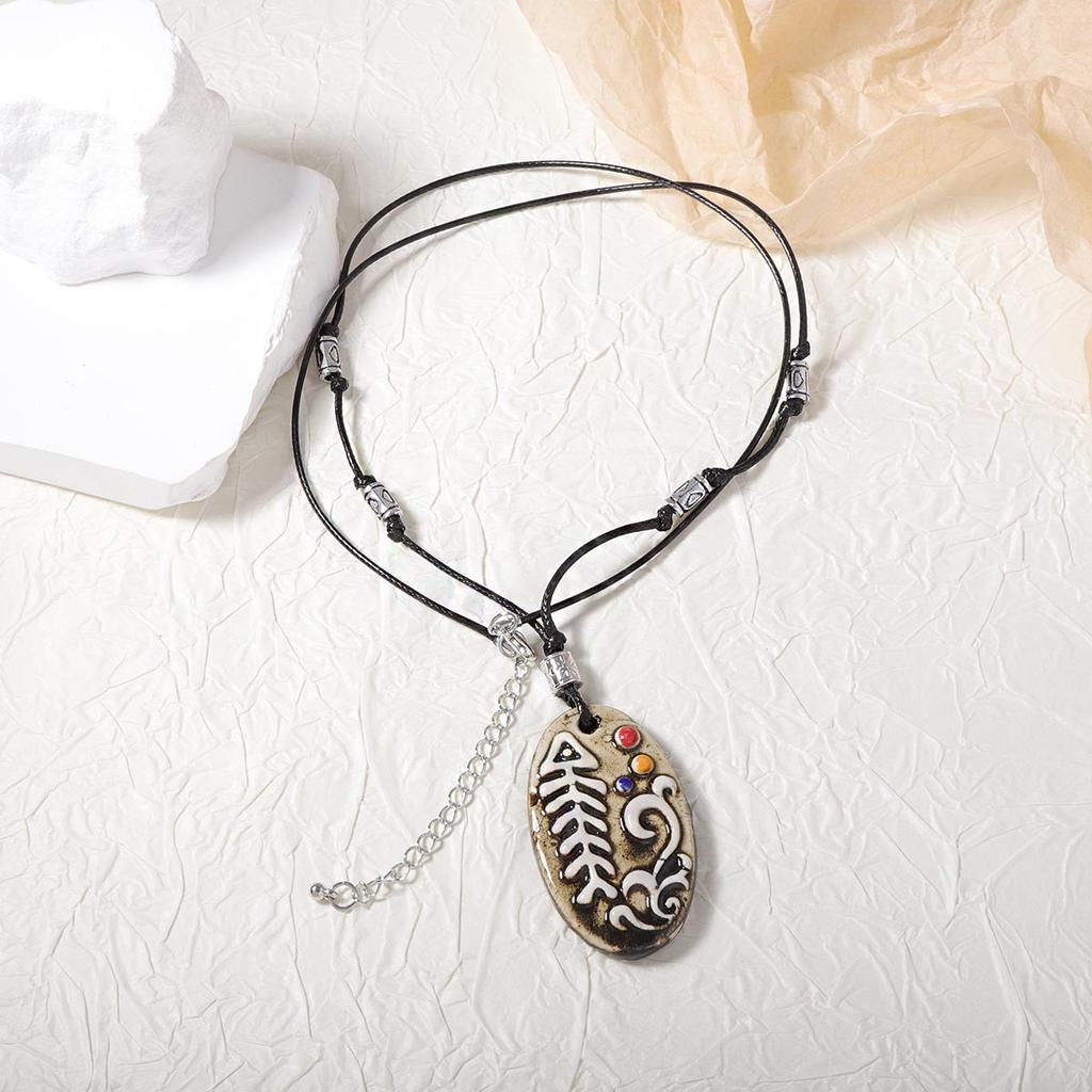 Ethnic style, personality trend, ceramic, geometric colorful fish, long pendant, necklace, premium versatile autumn and winter models