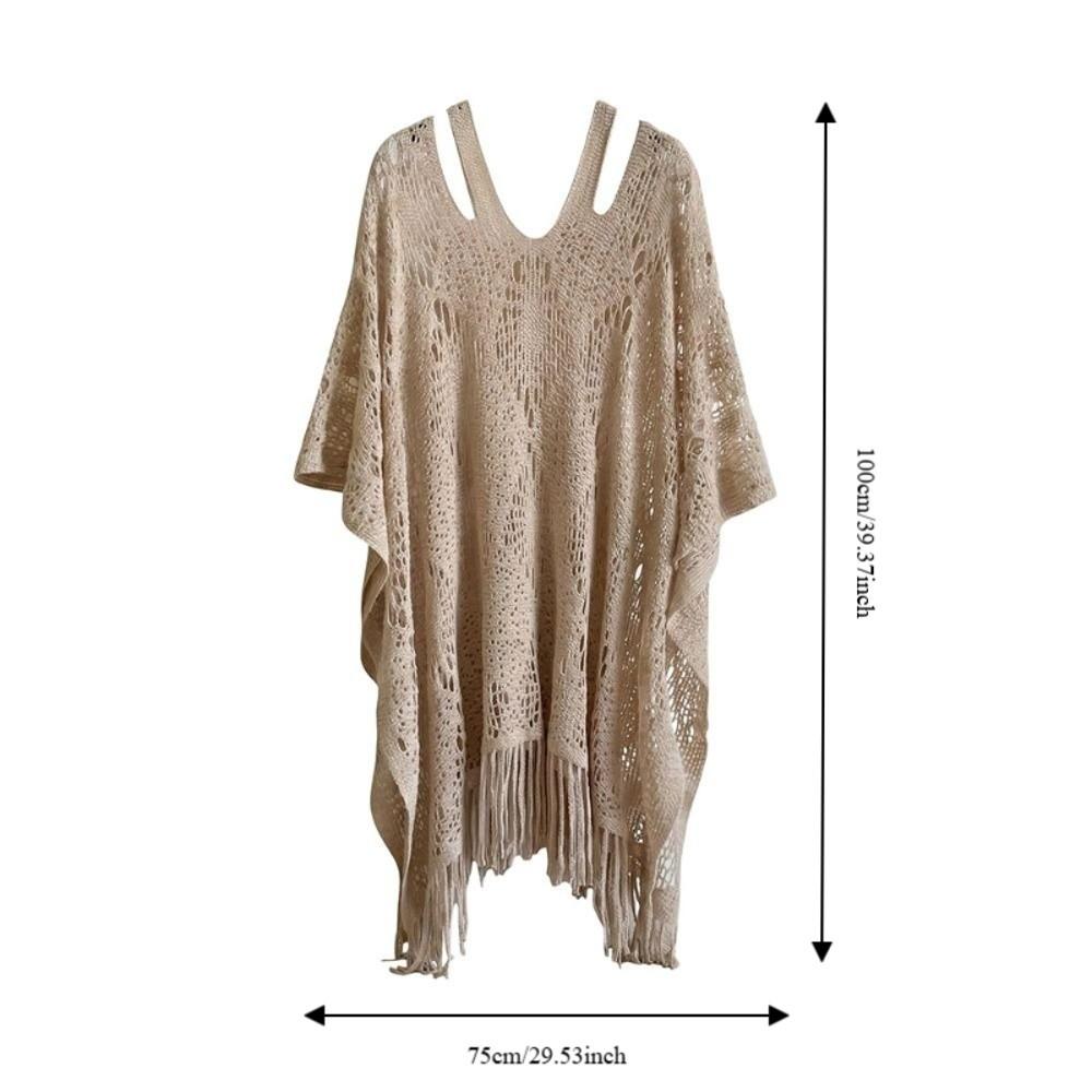 Casual Sun Protection Bohemian Shawl Plus Size Beach Wear Crochet Top Women Tassels Loose Knit Hollow Out Top Vacation