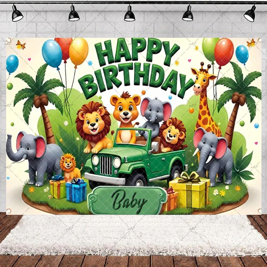 Jungle Wildlife Lion Giraffe Theme Banner Background, Children's Birthday Party, Home Decoration Photography Studio Background