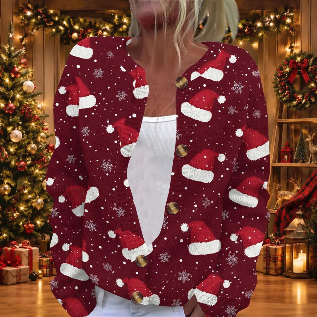 Women's Christmas Print Long Sleeve Knit Cardigan with Buttons for Holiday