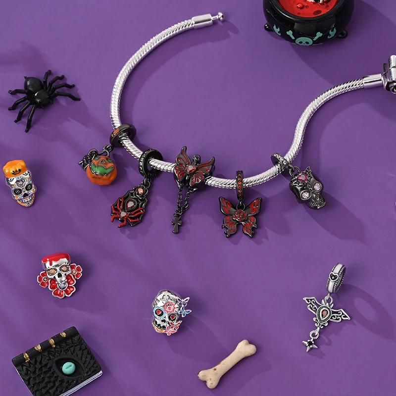 Halloween Charm Bead Component Bead Component Copper Metal Pumpkin Ghost Lantern Skull Bat Witch Hat Candy Luminous Charm Bead Component Compatible