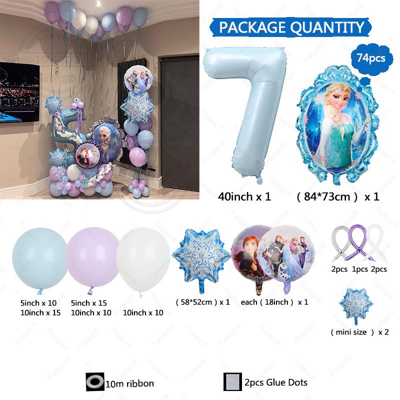 74pcs Frozen Princess Decoration Balloon Garland Arch Kit 40inch Blue Number Foil Balloon for Girl Birthday Party Favors Decor