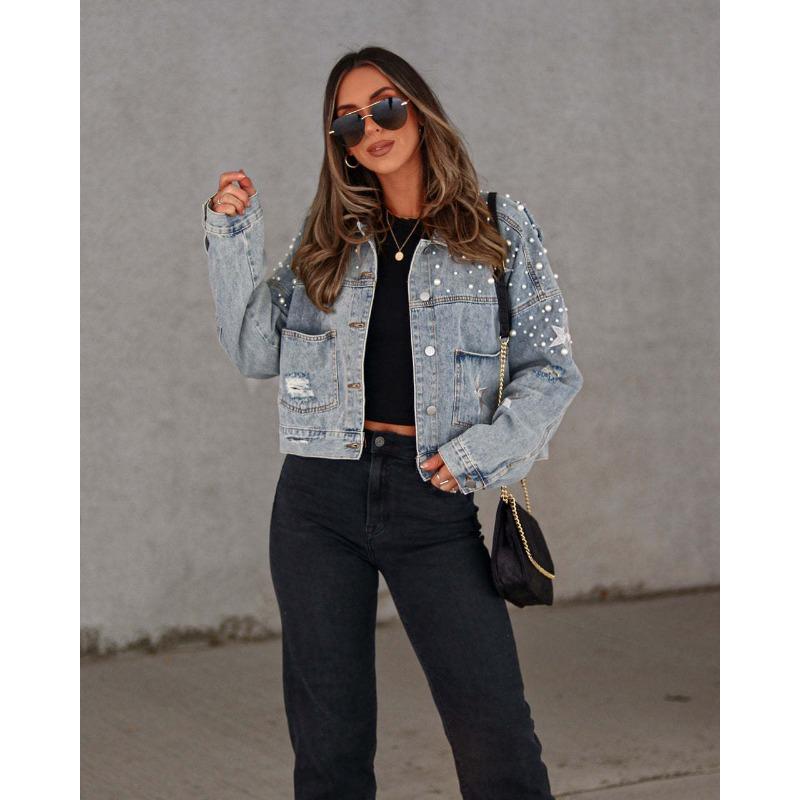 VEZFAA Women's Fashion Casual Star Print Autumn Winter Long Sleeve POLO Neck Jackets & Coats