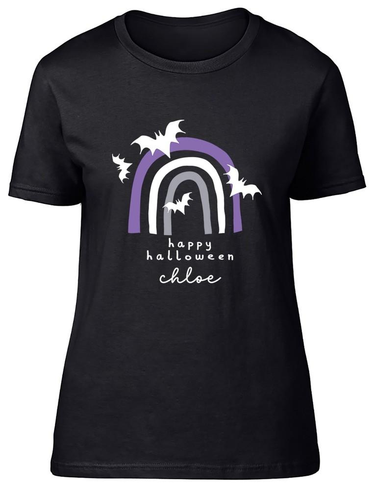 Personalised Happy Halloween Womens T-Shirt Purple Rainbow Bats Ladies Gift Tee 3XL