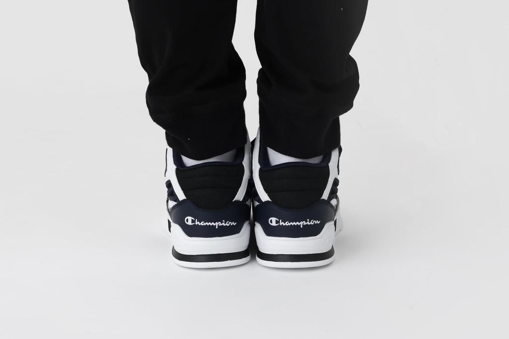 Champion 3 Point Tech Mid S22273 Sneakers with White and Size Cm Men's One-Point Logo, Navy, 25.0