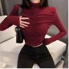 Trendy European & American Women's Sexy Wrinkled High Neck Slimming Long Sleeve Crop Top for 2026