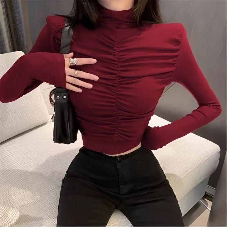 Trendy European & American Women's Sexy Wrinkled High Neck Slimming Long Sleeve Crop Top for 2026