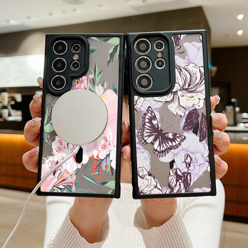 

Для Samsung S24 S22 Ultra Plus S23 Fe для Magsafe Магнитный цветочный узор с мягкими краями, противоударный акриловый жесткий прозрачный чехол для защиты линз, чехол для телефона Samsung S24
