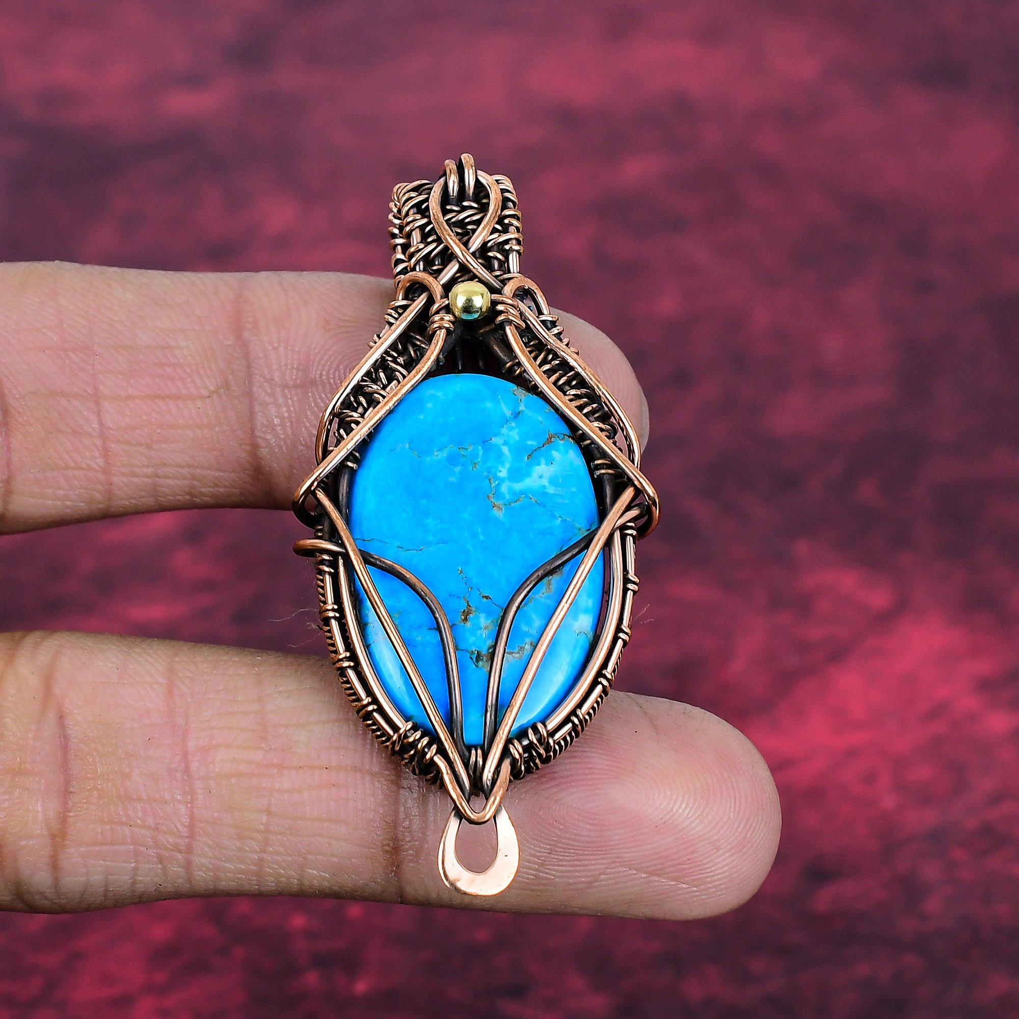 Tibetan Turquoise Gemstone Pendant Copper Wire Wrapped Pendant Handmade Jewelry