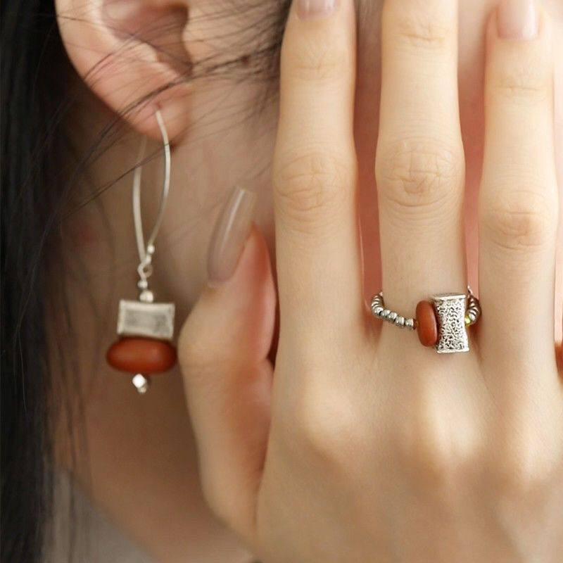 925 Sterling Silver Persimmon Tōtō Ring with Beeswax Elastic Cord: Retro Round Sky Square In New Chinese Style for Safety and Good Fortune