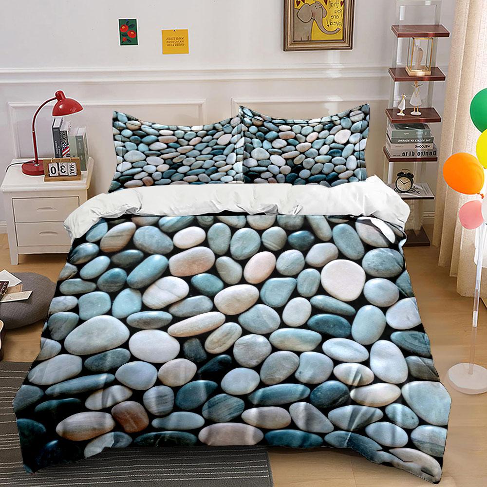 Pebble Stone Print Bedding Set Natural River Rock Pattern Duvet Cover Pillowcases Neutral Earth Tone set for Minimalist Bedroom