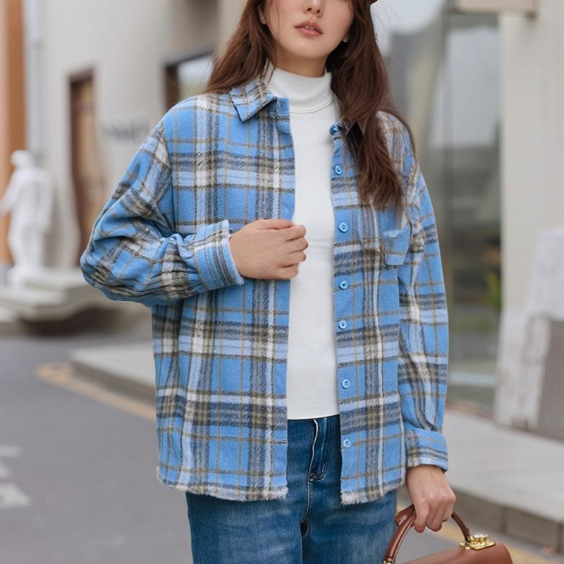 Spring and Autumn New Trend American Retro Wool Plaid Shirt Women's Loose Casual Lazy Lapel Long Sleeve Shirt