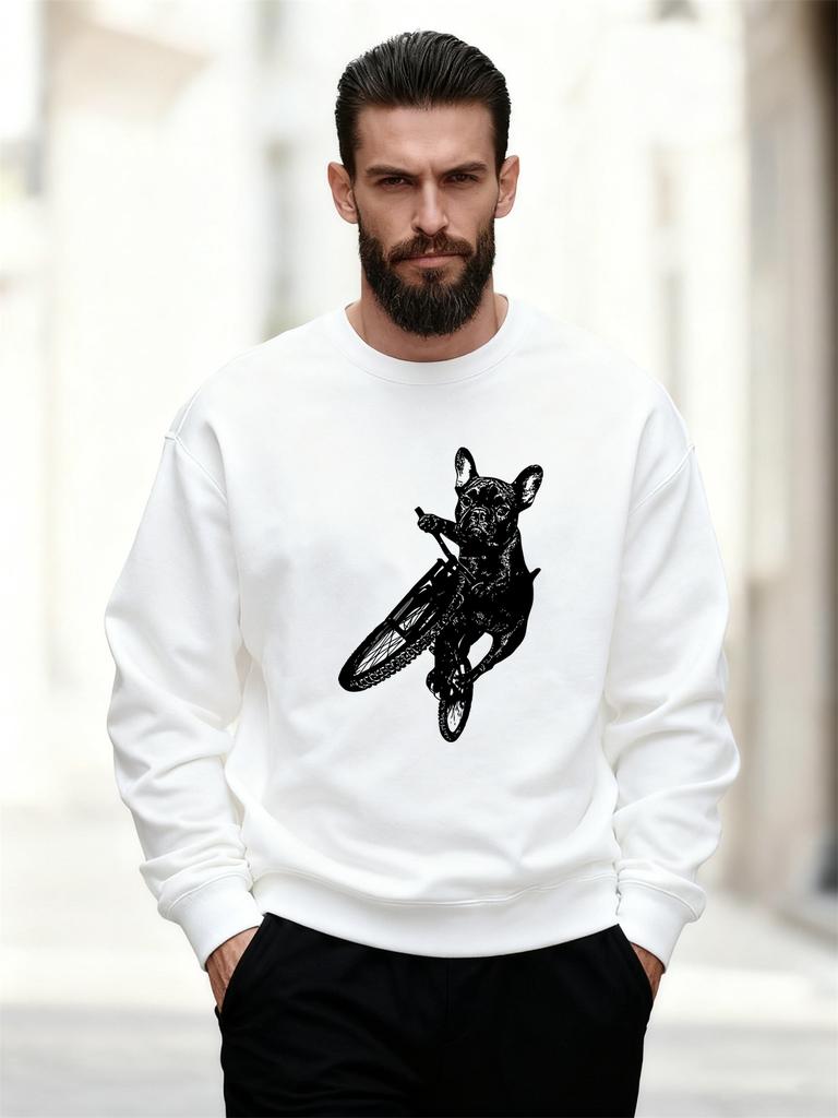 Men'S Casual Round-Neck Sweatshirt Featuring a Dog Riding a Bicycle Design