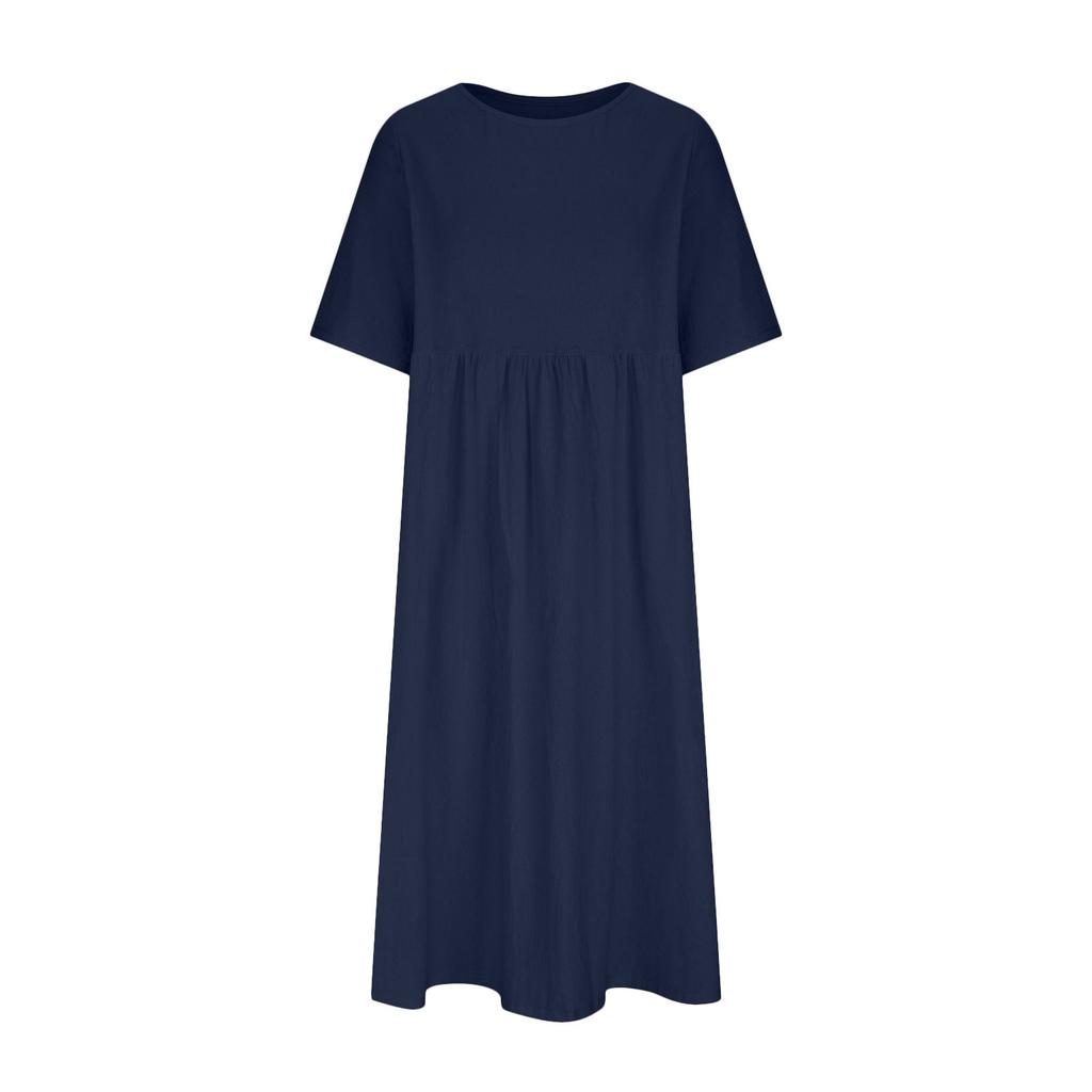 Women's Dress Large Size Loose Cotton Line Round Neck Five-Mini-Sleeve Mid-Long Dress