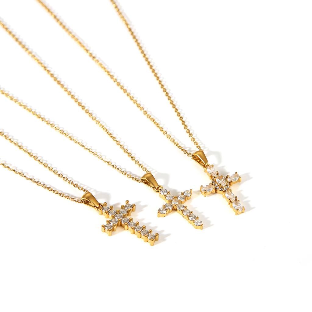 Zirconia Embellished Titanium Steel Cross Pendant Necklace Minimalist Light Luxury Jewelry for Women