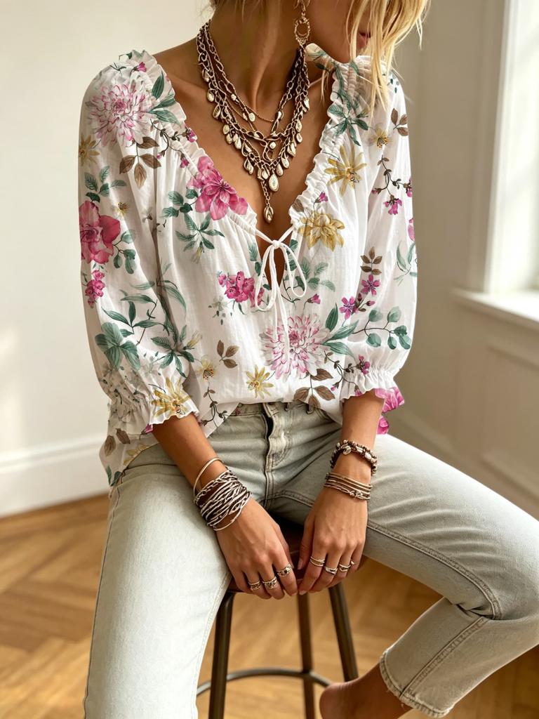 Women's V-neck Ruffle Tie Front 3/4 Sleeve Colorful Floral Print Blouse, Top for Trip, Shopping and Holiday