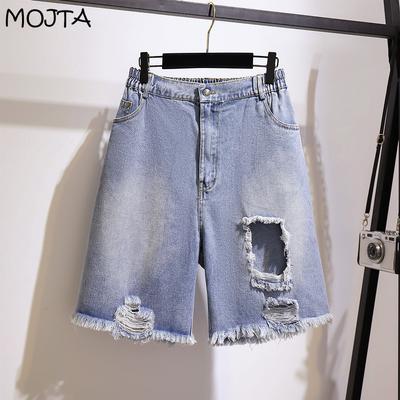 Summer Plus Size Denim Shorts For Women Large Loose Casual Elastic Waist Student Hole Wide Leg Retro Blue Straight Shorts