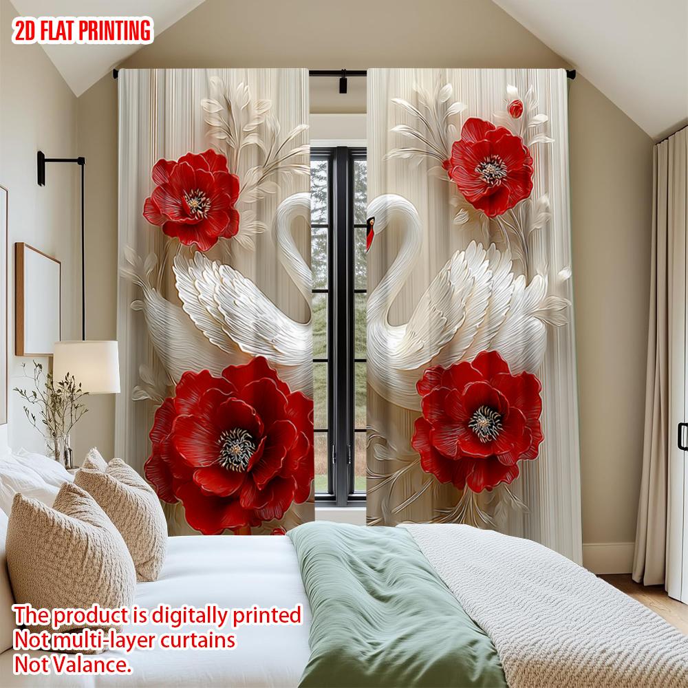 Set aus 2 flachen Druck-Fenstervorhängen Weiße Schwäne Rote Blumen Digital bedruckte Polyester-Vorhänge Geburtstagsparty-Nutzung Feiertagsvorhang