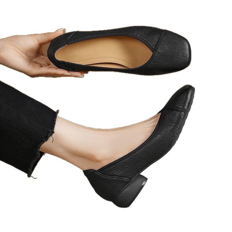 French soft leather light mouth single shoes women's low thick heel ladyshoes soft sole comfortable versatile small leather shoes middle age