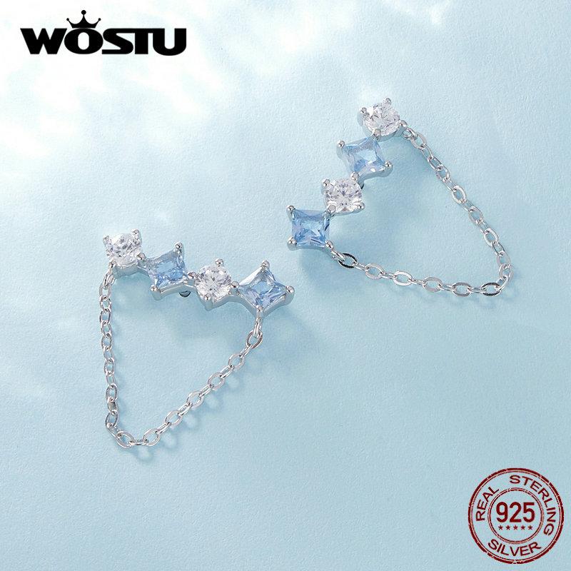 WOSTU 925 Sterling Silver Delicate  Blue and White Square Cubic Zirconia Chain Earrings for Women Jewelry Birthday Gift